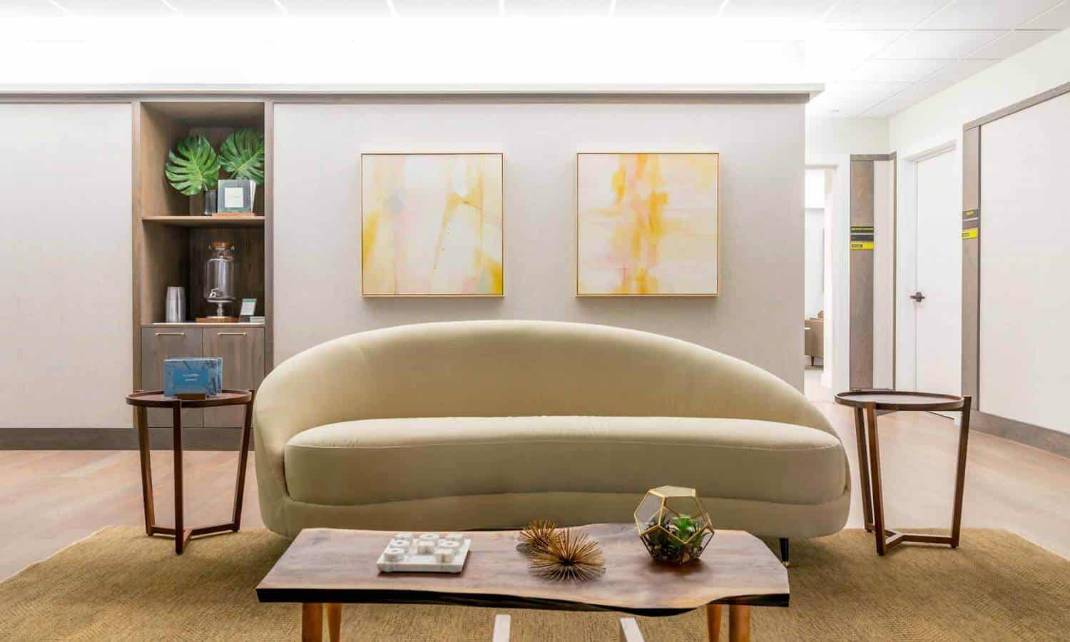 Mountainside addiction treatment center lobby with light, bright & modern decor in Chappaqua, NY