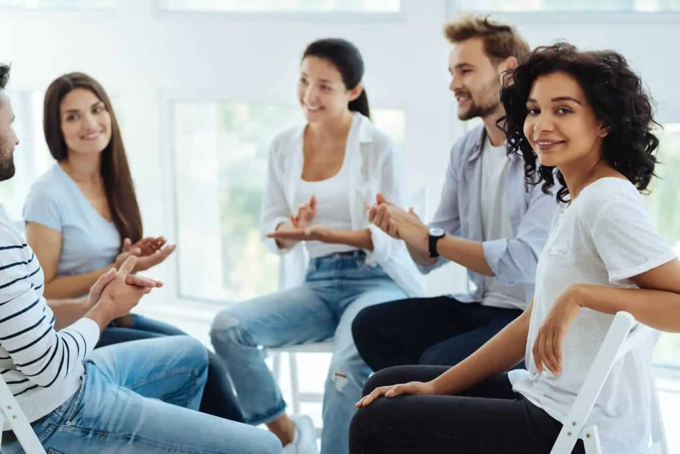 A diverse group of people in Addiction Treatment at Mountainside treatment center.