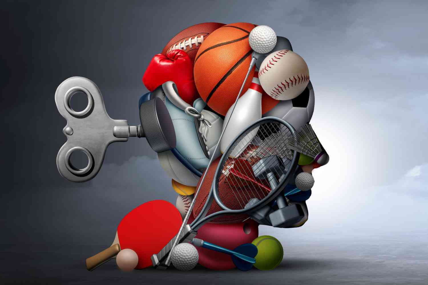 figure of human head made from sports equipment
