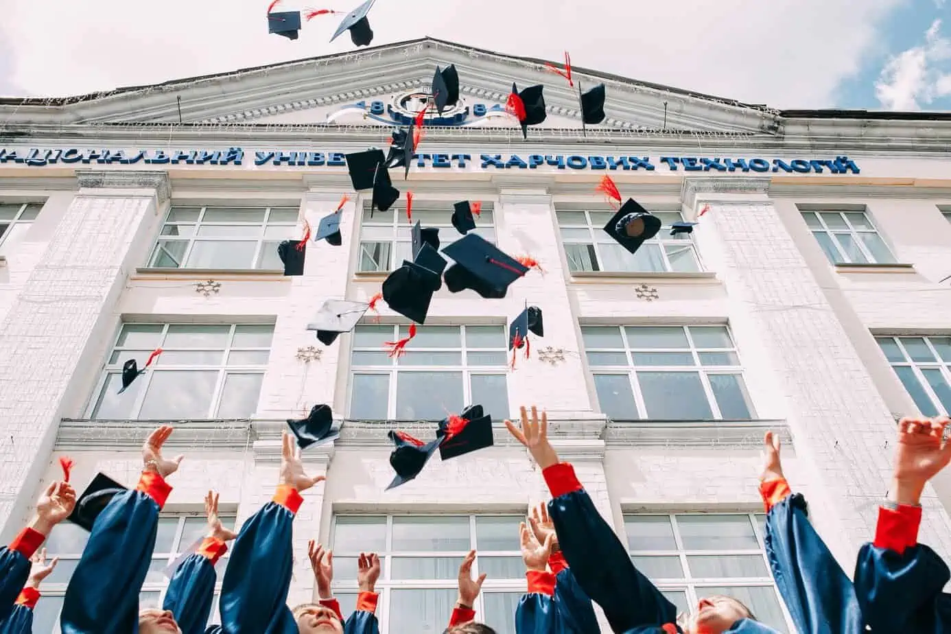 Students throwing their caps in the air at graduations