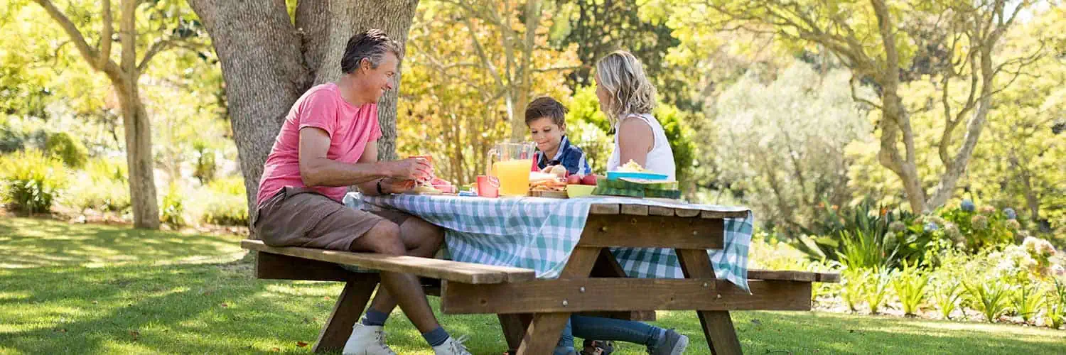 family having a picnic in a park under a tree