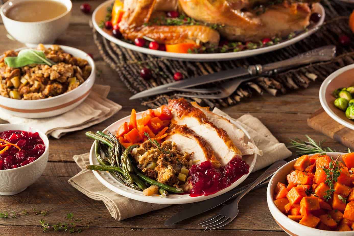 typical american thanksgiving meal arranged on a table