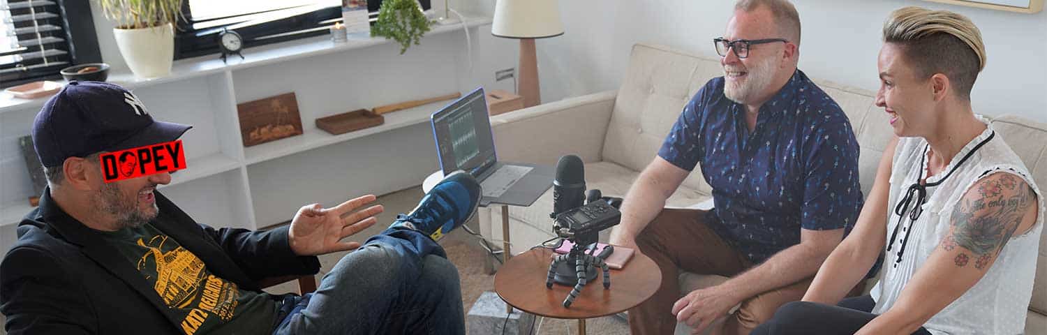 members of the Dopey podcast on set